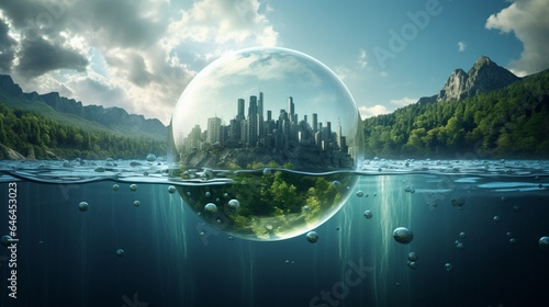 Glass globe submerged in a serene river, with underwater hydroelectric turbines harnessing the flow, emphasizing the importance of water-based energy