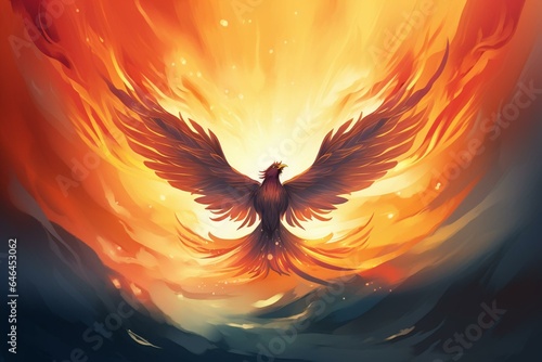 Concept illustration of a bird rising like a phoenix, symbolizing never giving up and succeeding in business or relationships. Generative AI