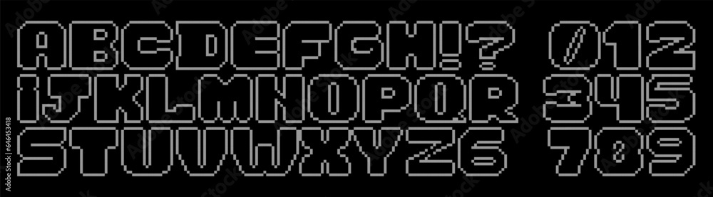 An 8-bit pixelated alphabet. Reminiscent of classic video game graphics and comic book style. Perfect for gaming enthusiasts, retro design projects, capturing nostalgia and 'game over' moments An 8-bit pixelated alphabet. Reminiscent of classic video game graphics and comic book style. Perfect for gaming enthusiasts, retro design projects, capturing nostalgia and 'game over' moments
