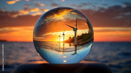 Glass globe floating above a serene ocean at sunset  with wind turbines and solar panels visible on the horizon  symbolizing the beauty of marine and solar energy