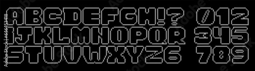 An 8-bit pixelated alphabet. Reminiscent of classic video game graphics and comic book style. Perfect for gaming enthusiasts, retro design projects, capturing nostalgia and 'game over' moments
