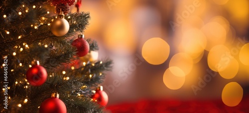 Enchanting red backdrop highlighting a festive Christmas tree adorned with shimmering lights. Concept of joyful holiday celebration.