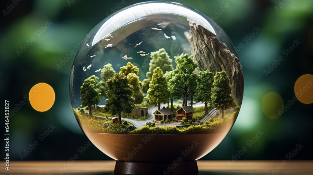 Glass globe with a miniature forest ecosystem inside, where the trees ...