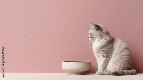 Side view of a cute little cat sitting in front of a round dry food bowl isolated on a flat pink background with copy space.
