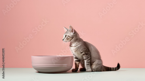 Side view of a cute little cat sitting in front of a round dry food bowl isolated on a flat pink background with copy space. 