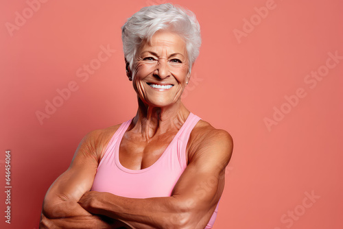 Portrait of elderly smiling woman with a highly muscular physique, old woman bodybuilder isolated on flat color background with copy space. 