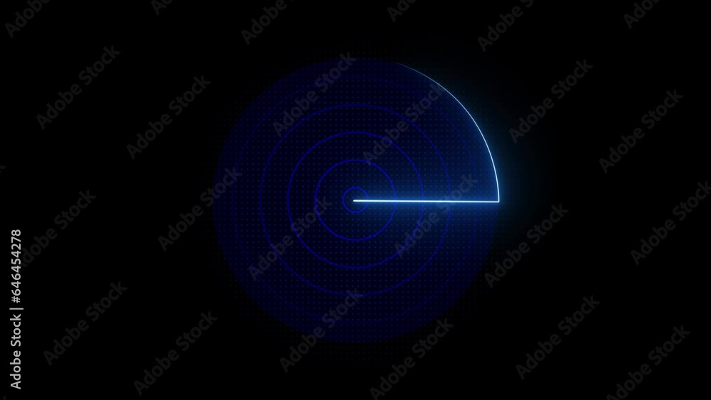 Blue color Neon light radar screen and radio waves animation on black background . Blue color Neon light radar screen and radio waves animation on black background .