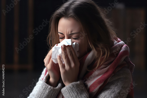 Portrait of asthmatic young woman with flu blowing her nose with paper tissues. Concept of cold or allergy season. 