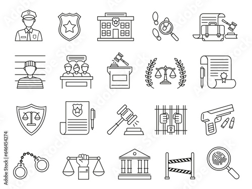 Law and judgment icons. Policeman and convicted felon, police office and court building, scales of justice and judges gavel vector symbols set