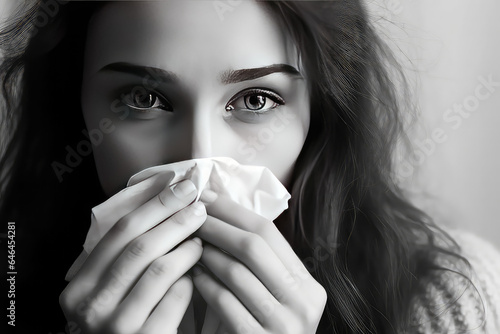 Portrait of asthmatic young woman with flu blowing her nose with paper tissues. Concept of cold or allergy season.
