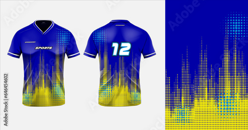 Sport jersey design template mockup polkadot abstract pattern for football soccer, racing, gaming, blue color
