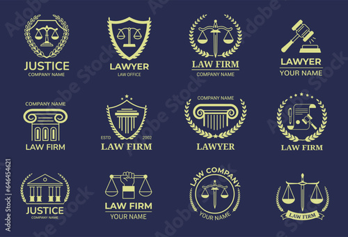 Law emblems. Lawyer badge template with scales of justice, judges gavel, court building and column symbols vector set