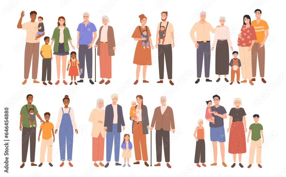 Cartoon family. Couples of parents with happy kids and grandparents, full family portrait vector illustration set