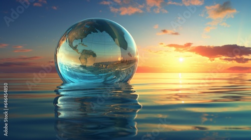 An image of a glass globe floating above a serene ocean at sunset, with wind turbines and solar panels visible on the horizon, symbolizing the beauty of marine and solar energy