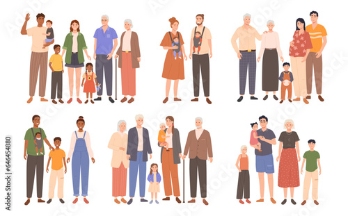 Cartoon family. Couples of parents with happy kids and grandparents  full family portrait vector illustration set