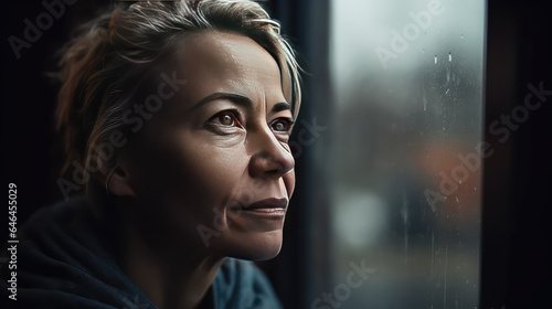 Beautiful woman in her 40s looking out of her window. Female Portrait, waiting next to window. 