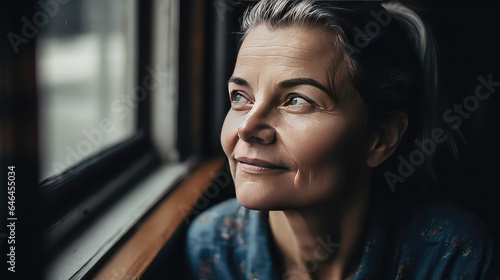 Beautiful woman in her 40s looking out of her window. Female Portrait, waiting next to window. 