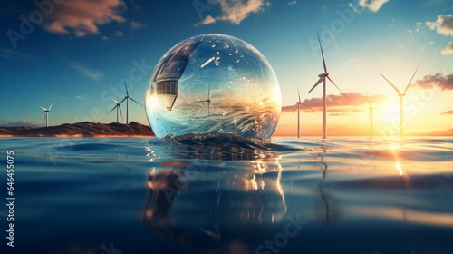 An image of a glass globe floating above a serene ocean at sunset, with wind turbines and solar panels visible on the horizon, symbolizing the beauty of marine and solar energy © Tahir