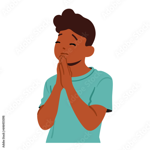 Little Boy Character Praying. Young Child, Hands Clasped And Eyes Closed, Bows In Earnest Prayer, Vector Illustration