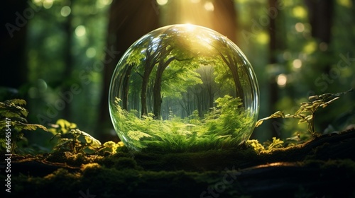 An image of a glass globe emitting a warm, inviting light in a tranquil forest clearing, symbolizing the peacefulness of sustainable illumination
