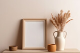 Empty wooden picture frame mockup on beige wall background. Boho style, vase with dry flowers and coffee cup on table. Autumn soft style.
