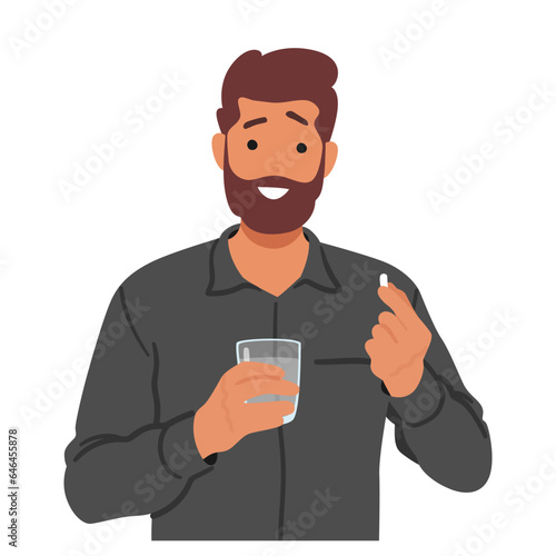 Adult Male Character Clasps A Pill And A Water Glass, Poised For Consumption. A Moment Of Decision, Health In Balance