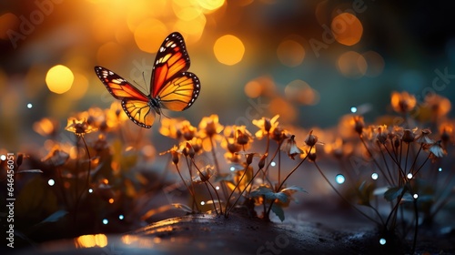 flowers and butterflies sunrise orange bokeh background