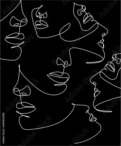 Continuous line, drawing of faces, fashion minimalist concept, vector illustration. Modern fashionable pattern. Glamour one line drawing women faces seamless pattern.
