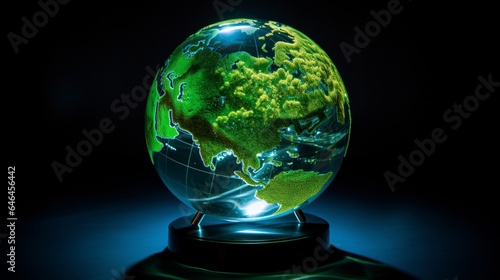  glass globe with a holographic map of renewable energy initiatives worldwide  emphasizing global efforts in sustainable development