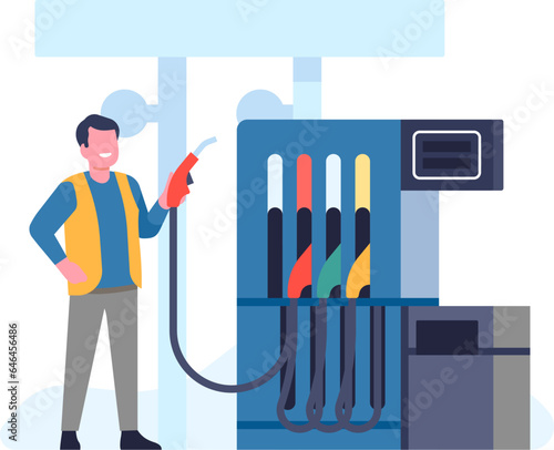 Oil petroleum industry. Petrol station. Transport refueling equipment. Worker in uniform standing with gasoline nozzle. Diesel pump. Automobile service. Vehicle refill. Vector concept