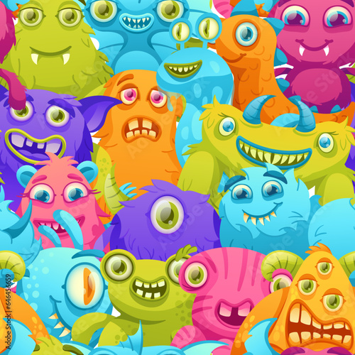 Cartoon monsters pattern. Funny crowd of colorful aliens, monster creatures seamless vector background illustration