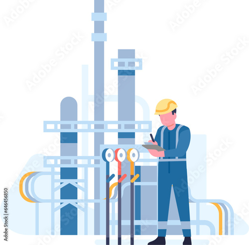 Oil petroleum industry. Worker checks gas or petrol pipeline equipment. Petrochemical factory production. Refinery plant. Fossil fuel extraction. Engineer in uniform. Vector concept