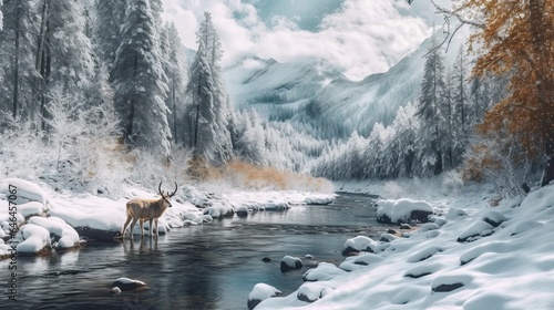 Creek in a Snowy Valley, Generative AI Illustration
