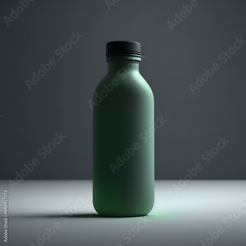 A minimalist composition featuring the translucent forest green glass water bottle on a clean, white surface with dark lighting, highlighting the sleek design and the protective sleeve.