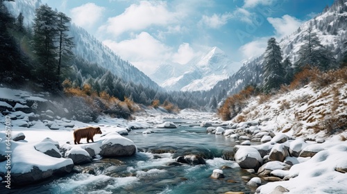 Bear in a Snowy Valley, Generative AI Illustration