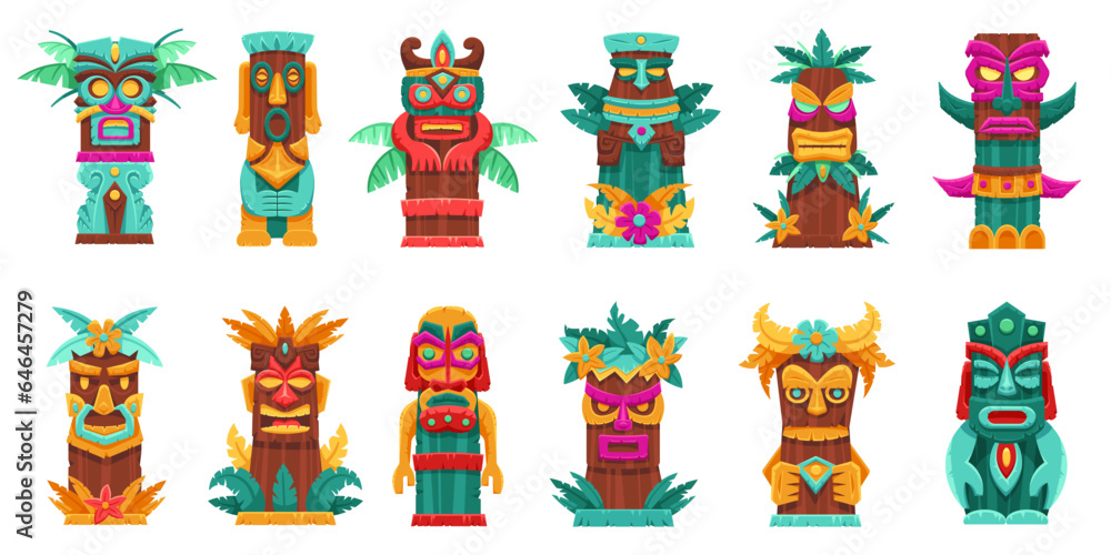 Cartoon tiki totem. Tropical wooden mask statue, tribal island bamboo totems and Hawaiian gods sculptures isolated vector illustration set