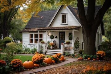 Cute and cozy cottage house with fall decorations pumpkins for Halloween
