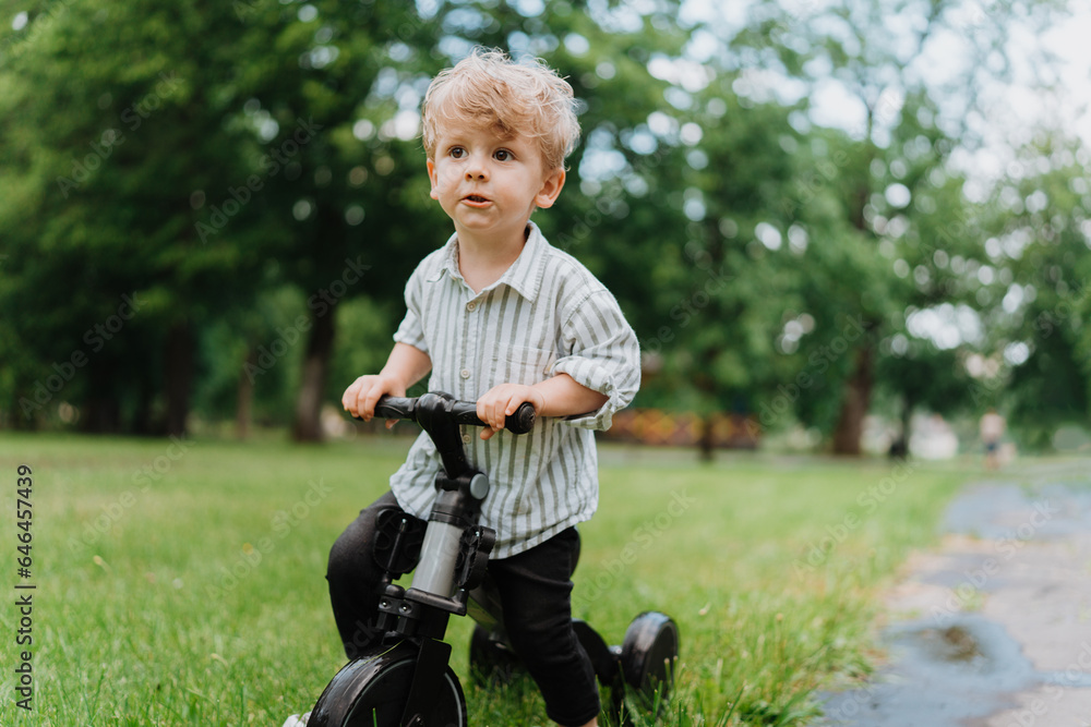 Little cute boy riding a scooter in the park. Little cute boy riding a scooter in the park.