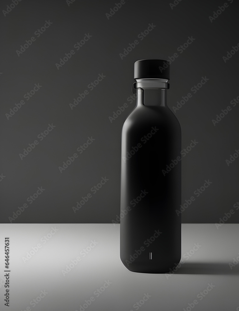 A minimalist composition featuring the translucent black glass water bottle on a clean, white surface with dark lighting, highlighting the sleek design and the protective sleeve. A minimalist composition featuring the translucent black glass water bottle on a clean, white surface with dark lighting, highlighting the sleek design and the protective sleeve.