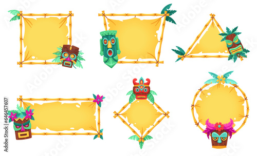 Cartoon tiki totem banner frames. Bamboo tribal borders, Hawaiian menu design backgrounds with totemic face mask sculptures vector set