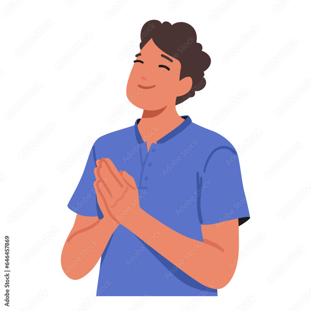 Youthful Man, Eyes Closed And Palms Pressed, Bows In Earnest Prayer Seeking Solace And Guidance From A Higher Realm Youthful Man, Eyes Closed And Palms Pressed, Bows In Earnest Prayer Seeking Solace And Guidance From A Higher Realm