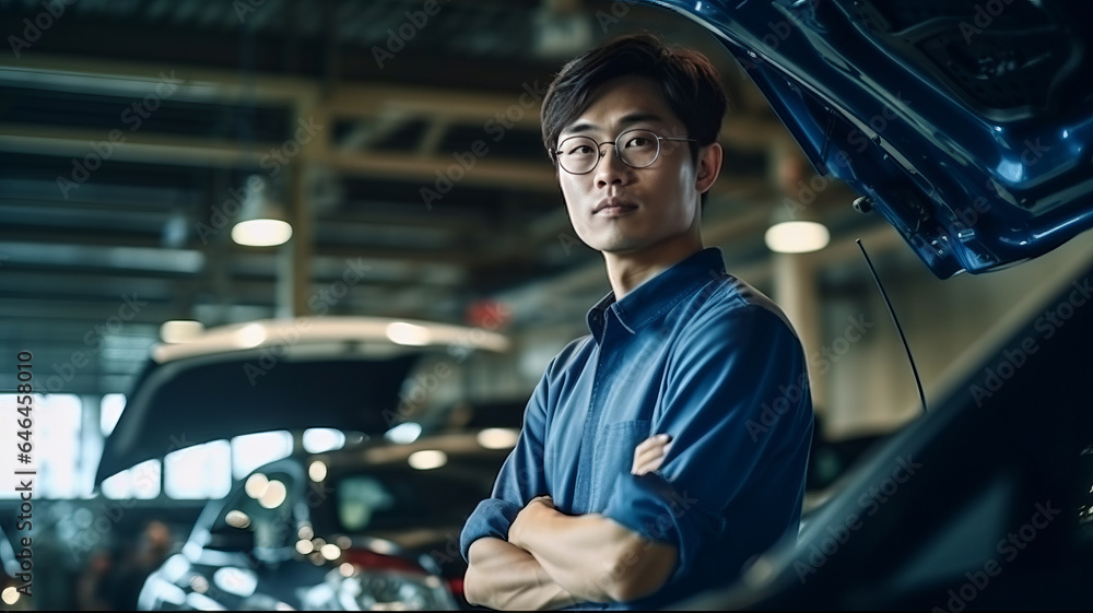 Asian mechanic checking the safety of a car. Maintenance of damaged parts in the garage. Maintenance repairs.generative ai Asian mechanic checking the safety of a car. Maintenance of damaged parts in the garage. Maintenance repairs.generative ai