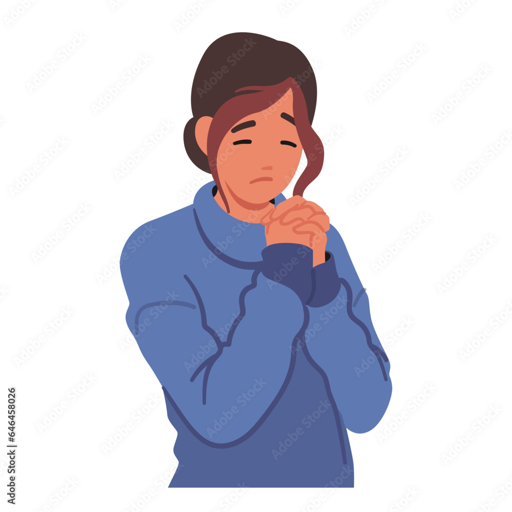 Praying Female Character. Isolated Woman With Closed Eyes And Folded Hands, In An Attitude Of Reverence Praying Female Character. Isolated Woman With Closed Eyes And Folded Hands, In An Attitude Of Reverence