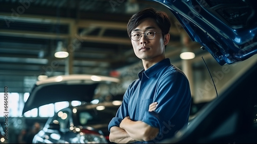 Asian mechanic checking the safety of a car. Maintenance of damaged parts in the garage. Maintenance repairs.generative ai