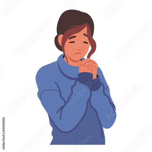 Praying Female Character. Isolated Woman With Closed Eyes And Folded Hands, In An Attitude Of Reverence