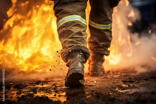 Image generative AI photo of a male professional firefighter in dirty boots