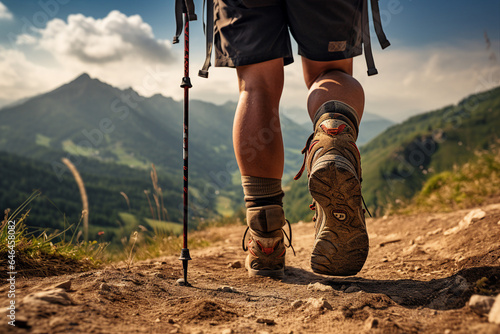 Image generative AI close up photo shoes of a tourist walking in the mountains