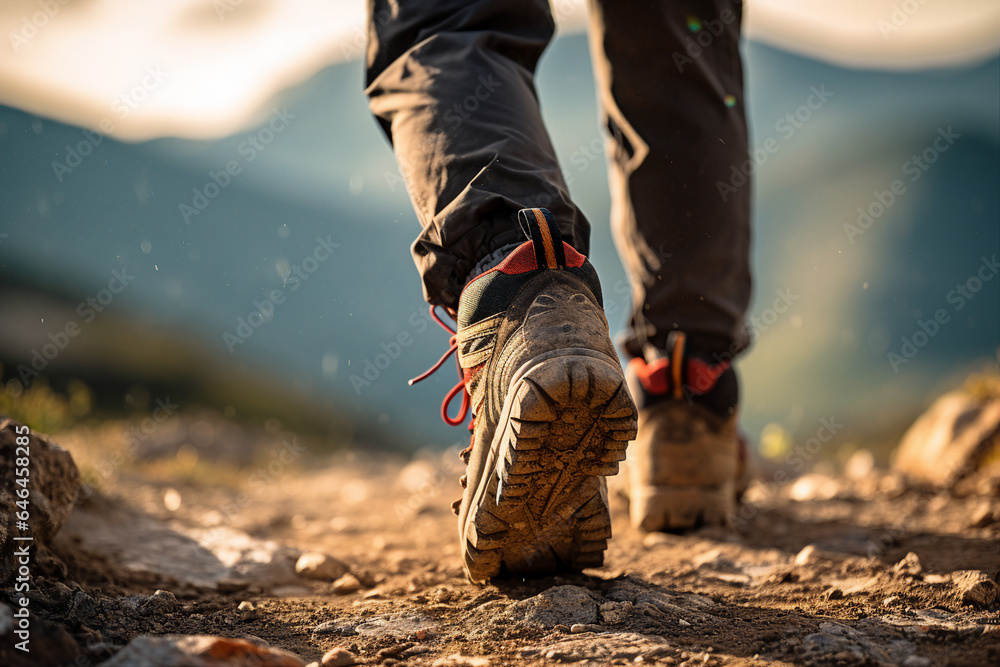 Image generative AI close up photo shoes of a tourist walking in the mountains Image generative AI close up photo shoes of a tourist walking in the mountains
