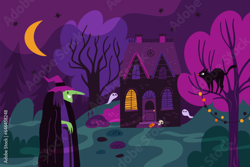 Witch house in dark forest. Mystery night home. Halloween wood. Horror castle. Ghosts and black cat. Spooky landscape. Scary sorceress. Mysterious warlocks garden. Garish vector concept