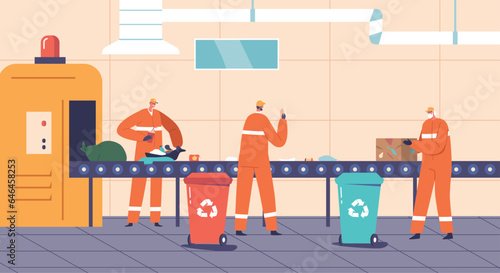 Characters Labor On A Garbage Processing Belt, Sorting, Separating And Compressing Waste Materials For Recycling